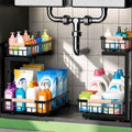Under Sink Organizer 2 Pack, Double Slide Out Metal Shelf, Black