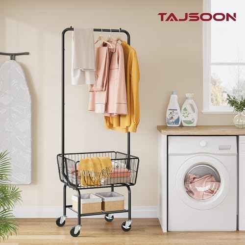 Tajsoon Rolling Laundry Cart with Hanging Rack & Laundry Basket, Black