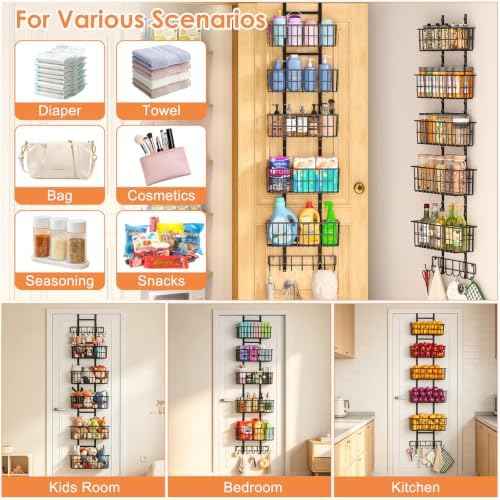 Hongtamoya Adjustable Over the Door Organizer, Metal Hanging Door Organizer with 5 Wire Basket 7 Hooks, Wall Mounted Shelf for Pantry Laundry Organization and Storage, Black