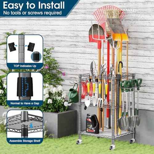 T1 Garden Tool Organizer（with Lockable Wheels） Heavy Duty Garage Tool Storage for Yard，Shed，Outdoor and Lawn，Freestanding Tool Organizers and Storage UP to 50 Tools，Grey with Anti-Tip Device