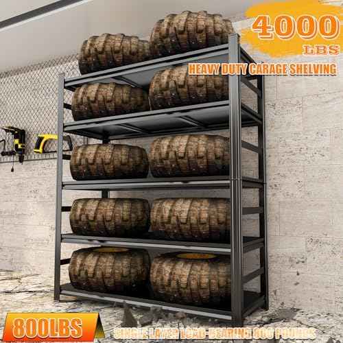 78" H x 48" Wx 18" D Heavy Duty Garage Shelving Large Garage Shelves for Storage 4000LBS Metal Adjustable Storage Shelf for Basement, Warehouse 5-Tier Black