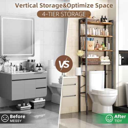 Over-The-Toilet Storage Rack 4-Tier,Bathroom Organizer Shelf Over Toilet,Adjustable Wooden Shelves and Basket,Freestanding Above Toilet Shelf,Space Saver for Rooms(Black Rack-Rustic Brown Shelves)