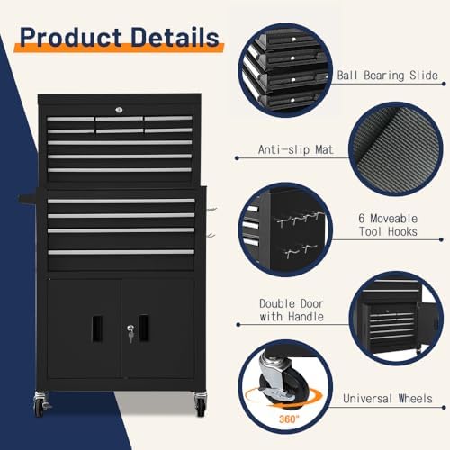 13-Drawer Double Door Rolling Tool Chest, 2 in 1 Detachable Tool Chest,Tool Box with Drawers and Wheels, Large Tool Cabinet with Lock, Metal Standing Toolbox for Garage Workshop-Black