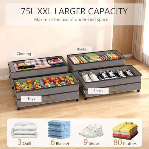 Under Bed Storage with Wheels 2-Pack, 75L XXL Under the Bed Storage Containers Large, 12" Tall Adjustable Storage for Underbed with Lids, Rolling for Clothes, Shoes, Blankets (Grey)