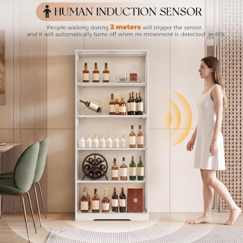 Display Cabinet with Glass Doors, LED Lights Motion Sensor