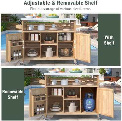 50.25" Kitchen Island Rolling Bar Cart & Storage Cabinet, Farmhouse Solid Wood Outdoor Grill Table with Stainless Steel Top and Spice, Towel Rack for BBQ,Natural