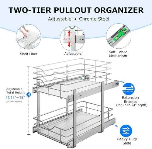 WelFurGeer 2-Tier Kitchen Cabinet Pullout Shelf and Drawer Organizer, Soft Close Pantry Pull Out Shelves, Heavy Duty Pull Out Cabinet Organizer with Shelf Liner for Kitchen Cabinets, Pantry Storage