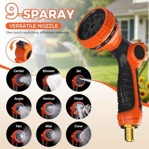 Upgraded Retractable Garden Hose Reel 1/2" x 130 ft 9 Pattern Nozzle Any Length Lock Wall-Mounted Automatic Slow Return 180° Swivel UV Resistant Heavy Duty Hose Reels for Outside