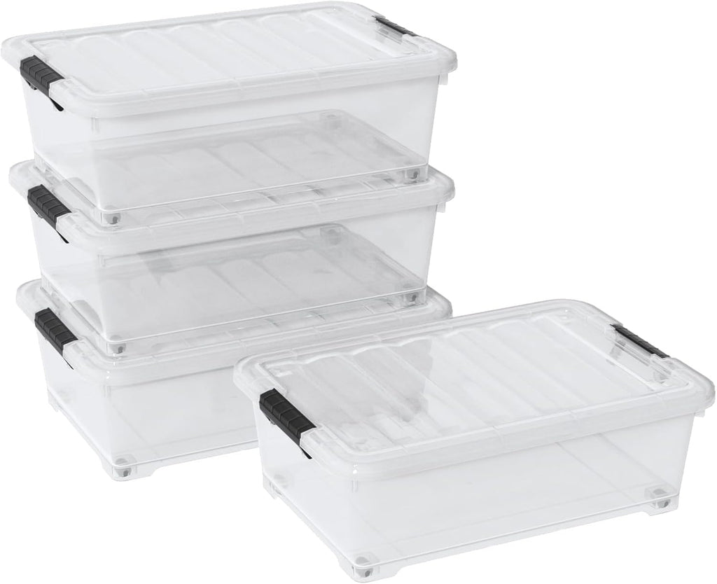 Saedy 4 Packs Plastic Under Bed Shallow Storage Box with Wheels 20 L