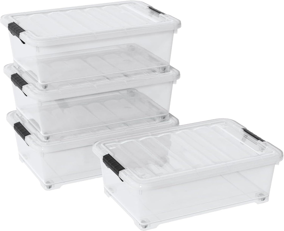 Saedy 4 Packs Plastic Under Bed Shallow Storage Box with Wheels 20 L