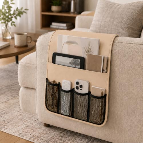Armchair Caddy for Couch Remote Control Holder Recliner Armrest Organizer Non Slip Sofa Arm Chair Caddie with 6 Pocket Storage for Magazine, Tablet, Phone, iPad, Chocolate Leather white