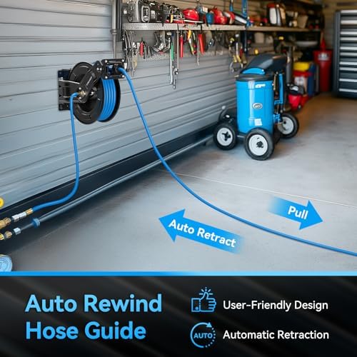 Relhost Retractable Air Hose Reel, 50 ft x 3/8 in Hybrid Air Hose Max 300PSI, Heavy Duty Air Compressor Hose Reel with Dual Arms, Auto Rewind, 180° Swivel Ceiling/Wall Mount for Garages, Workshops