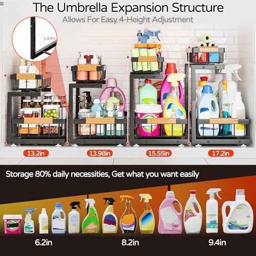 ADBIU Under Sink Organizer, 2 Pack 2 Tier Expandable Height (13.2" - 17.2") Pull out Kitchen Bathroom Cabinet Organizers and Storage Shelf