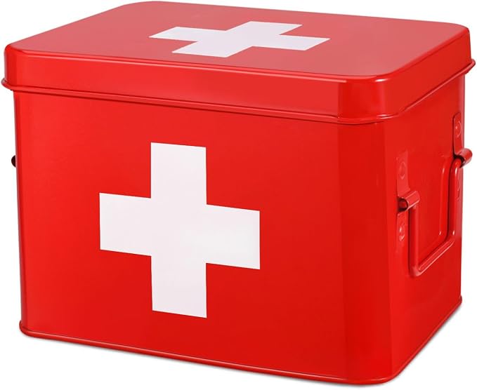 Flexzion First Aid Box Organizer, Empty 8.5 Inch Red Vintage First Aid Kit Tin by Flexzion
