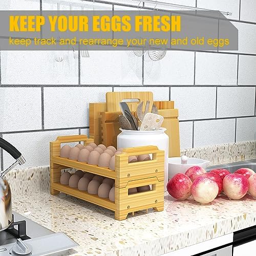 Bamboo Egg Holder Countertop - Stackable Design for Fresh Eggs, Farmhouse Egg Tray Storage Display Rack, Kitchen Counter Top Organizer Wooden Egg Stand, Fits Quail, Duck, Turkey, Chicken Eggs (Modern)
