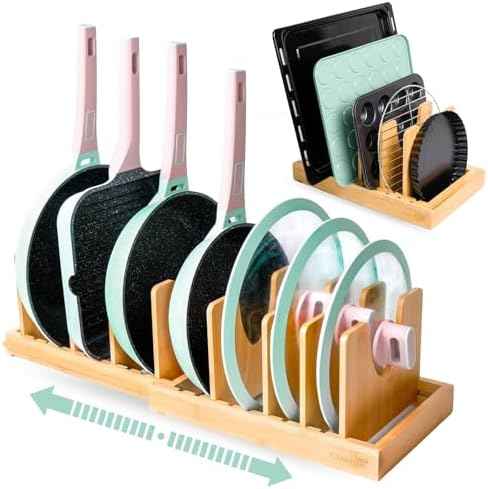 Pots and Pans Organizer under Cabinet Expandable Bamboo Pot Lid Holder Rack