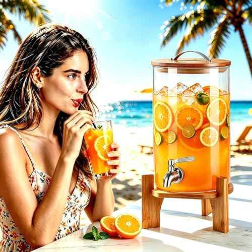 Beverage Dispenser,2.1 Gallon Glass Drink Dispenser with Stand,Glass water dispenser with Spigot, Large Drink Dispensers for Parties,Water Dispensers for Bar,Wedding,Restaurants 8L