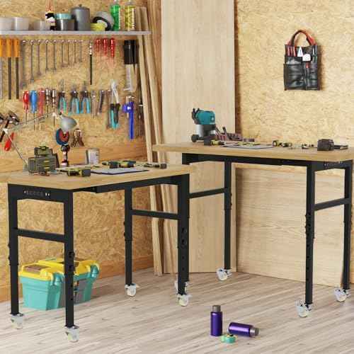 60" Adjustable Workbench with Wheels and Drawer, Solid Wood Rolling Work Bench Table with Power Outlet, Metal Tool Bench Work Bench for Garage, Large Load Capacity Workbench for Workshop,Office,Home