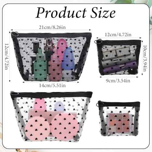 4 PCS Heart Printed Mesh Makeup Bag Set, White & Black Mesh Makeup Bag with Zipper Lipstick Accessories Organizer Mini Travel Organizer Bags for Women(2 Small 2 Medium)