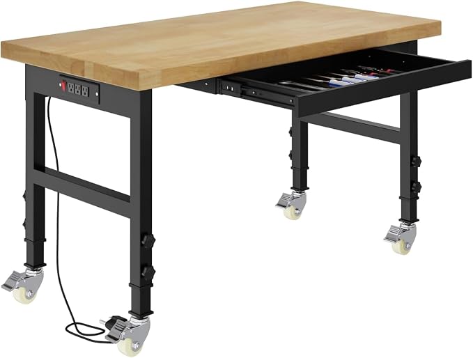 48" Work Bench with Drawers, Adjustable Height Workbench with Wheels, by Pelnuies