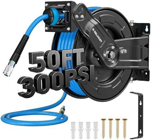 Relhost Retractable Air Hose Reel, 50 ft x 3/8 in Hybrid Air Hose Max 300PSI, Heavy Duty Air Compressor Hose Reel with Dual Arms, Auto Rewind, 180° Swivel Ceiling/Wall Mount for Garages, Workshops