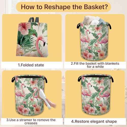 Collapsible Laundry Basket,Flamingo Pink Waterproof Oxford Cloth Hamper with Handles,Plam Floral 16 x 20.8 Inch Portable Storage Organizer for Laundry Room Bedroom