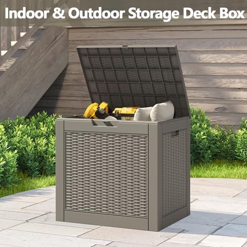 LHBGO 31 Gallon Deck Box, Resin Outdoor Storage Box, Waterproof and UV Resistant Deck Box, Lightweight Storage Box for Garden Tools, Pool Supplies