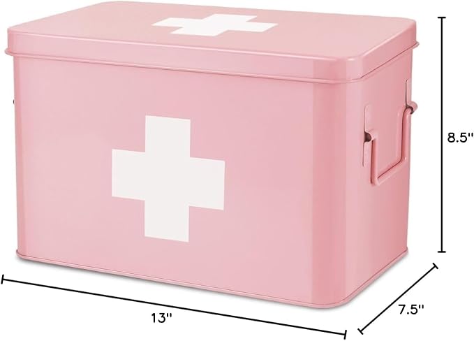 Flexzion First Aid Box Organizer Empty 13" Pink Vintage First Aid Kit Tin Metal - Image 10