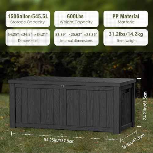 150 Gallon Resin Large Deck Box Organization and Storage Box for Patio, Outdoor Cushions, Garden Tools, Black | Hydraulic Pistons, Resin, Weatherproof