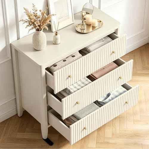 Large Nightstand,34”Wide Fluted Painted Bedside Table with 3 Drawer Dresser,Large End Tables with Storage, Metal Handle & Rounded Corners for Bedroom,Alabaster White