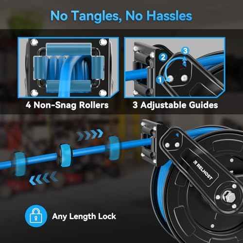 Relhost Retractable Air Hose Reel, 50 ft x 3/8 in Hybrid Air Hose Max 300PSI, Heavy Duty Air Compressor Hose Reel with Dual Arms, Auto Rewind, 180° Swivel Ceiling/Wall Mount for Garages, Workshops