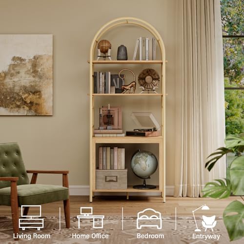 BREEZEHEAT Arched Bookshelf, 72" Tall Bookcase with Storage Shelves, Floor Standing Open 4-Tier Book Shelf with Metal Frame, Large Organizer for Living Room, Home Office, Bedroom, Natural