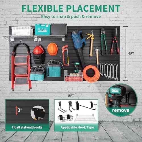 FRAYSCENT Slat Wall Paneling Garage Slat Wall Storage Systems Slatwall Panels Power Tool Organizer Wall Mount, PVC Garage Storage & Organization Products Slate Board (Black, 4ft x 8ft with 15 Hooks)
