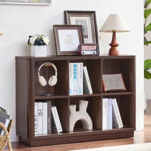 Joaxswe 6 Cube Bookcase, 40" Wide Low Horizontal Book Shelf w/Curved Edge, Wood Floor Standing 2-Tier Bookshelf with Base, Modern Short Storage Organizer for Bedroom,Office, Walnut