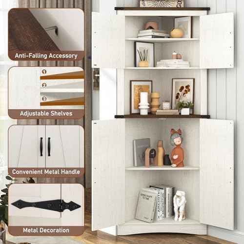 Hlivelood 68" Tall Farmhouse Corner Cabinet, 5-Tier Large Storage Cabinet with 4 Barn Doors & Adjustable Shelves, Bathroom Cabinets with Storage for Living Room, Kitchen, Bathroom, Rustic White