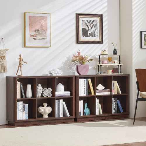 Joaxswe 6 Cube Bookcase, 40" Wide Low Horizontal Book Shelf w/Curved Edge, Wood Floor Standing 2-Tier Bookshelf with Base, Modern Short Storage Organizer for Bedroom,Office, Walnut