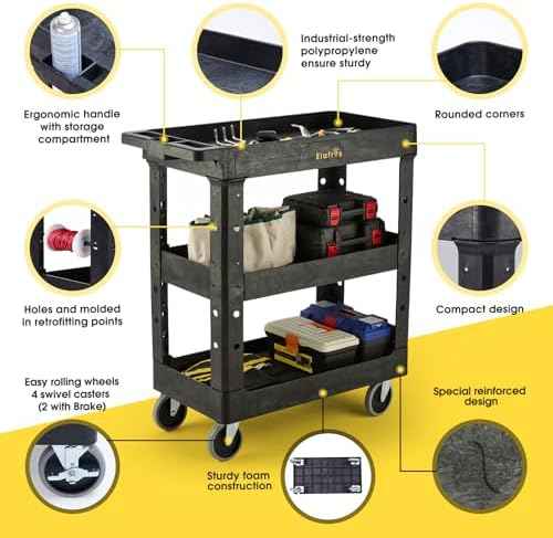 ELAFROS 3-Shelf Heavy Duty Plastic Rolling Utility Cart, 34 x 17 x 38.5 in
