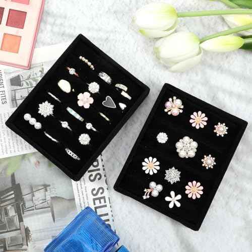 2 PCS Black Velvet Stackable Ring Organizer Tray, Earrings Display Tray Storage, Small Jewelry Trays, Display Storage Insert Holder for Ring Earrings Jewelry (8 Slots)