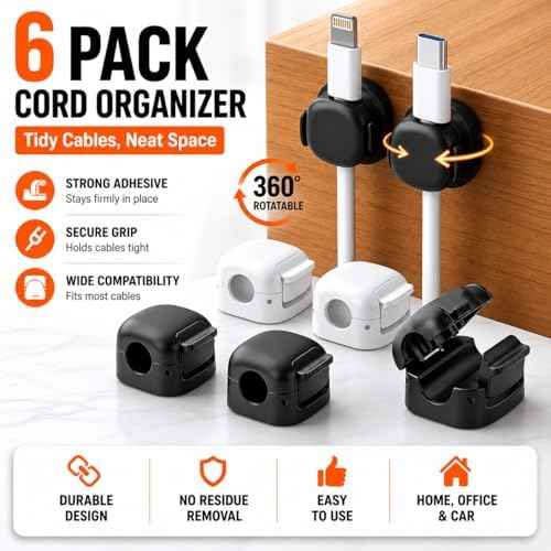 6Pack Cord Organizer - [Dual Spring & Clasp Lock] Cable Management Clips, Adhesive Phone Charger Keeper, Compact Wire Holder for Nightstand/Car, Home Office Desk Accessories Decor Essentials