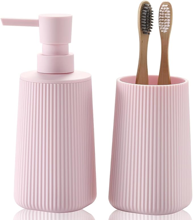 Bathroom Accessories 2 Piece Soap Dispenser and Toothbrush Holder Set Striped by KellyHome