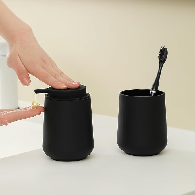 Matte Black Bathroom Accessories 2 Piece Set Plastic Soap Dispenser and - Image 2