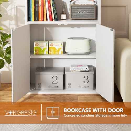Vongrasig 6-Tier Open Bookcase and Bookshelf with Doors, Floor Standing Farmhouse Display Storage Shelves 71 Inch Wood Tall Bookcase for Home Office, Living Room, Bed Room, White