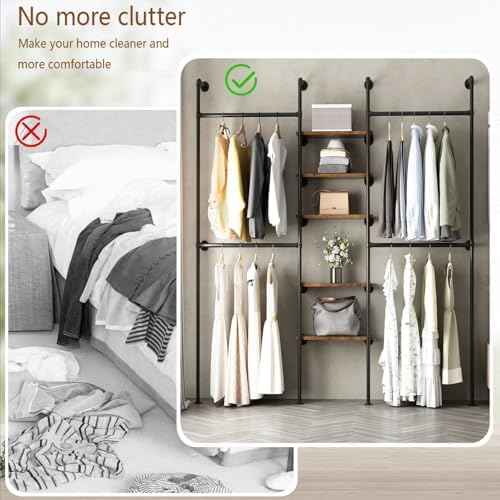 Industrial Pipe Clothing Racks with 5 Shelves, Wall Mounted Clothes Rack for Hanging Clothes, Black Wall Clothing Rack, Heavy Duty Clothes Rack for Walk in Closet, Laundry Room