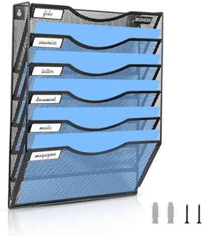 BOHDK Wall File Organizer, 6 Tier Hanging File Folder Mail Organizer, Vertical Mesh Metal Wall Mount Hanging File Holder, Paper Document Magazine Rack for Home Office Black