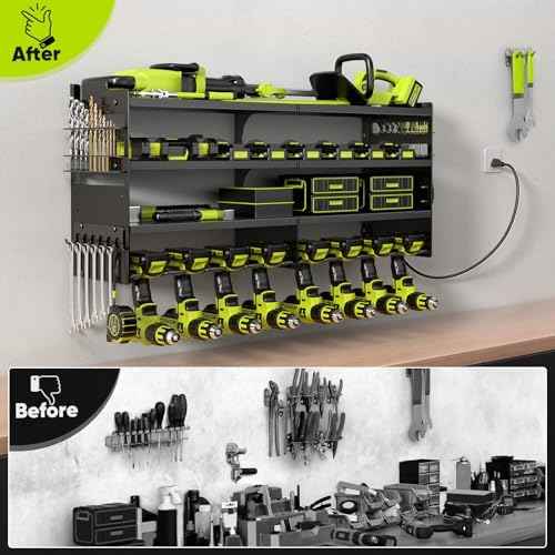 POKIPO Large Power Tool Organizer Wall Mount with Charging Station,4 Layer Heavy Duty Metal Tool Storage Rack Loads 600lbs with 8 Cordless Drill Holder,Battery Utility Rack Loads with 4 Power Strip