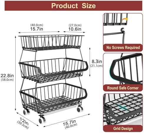 3-Tier Rolling Pantry Cart with Wheels, Stackable Wire Storage Floor Organizer for Kitchen Pantry Snack Shelves, Fruit Basket Stand, Vegetable Storage Rack for Food Snacks Onion Potato