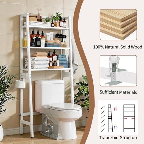 Over The Toilet Storage, Wooden 3-Tier Over-The-Toilet Rack Bathroom Space Saver Organizer, Freestanding Above Toilet with Toilet Paper Holder and Hooks (White)