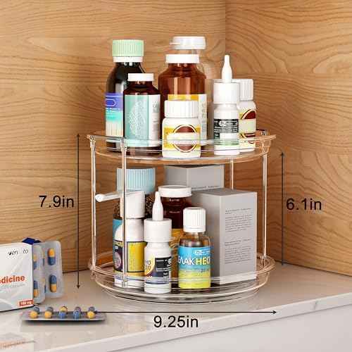 2 Pack 2 Tier Lazy Susan Turntable Organizer 9.25 inch, Rotating Spice Rack Organization for Cabinet, Bathroom, Pantry, Countertop, Kitchen, Vanity, Medicine Cabinet Organizer, Clear