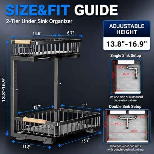 Under Sink Organizer 2 Pack, Double Slide Out Metal Shelf, Black