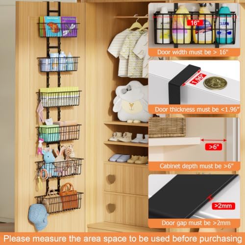 Hongtamoya Over The Door Organizer, Adjustable Hanging Door Organizer with 6 Wire Baskets 5 Hooks, Metal Behind The Door Storage for Pantry Closet Bedroom Bathroom Cabinet Kitchen Laundry Room, Black